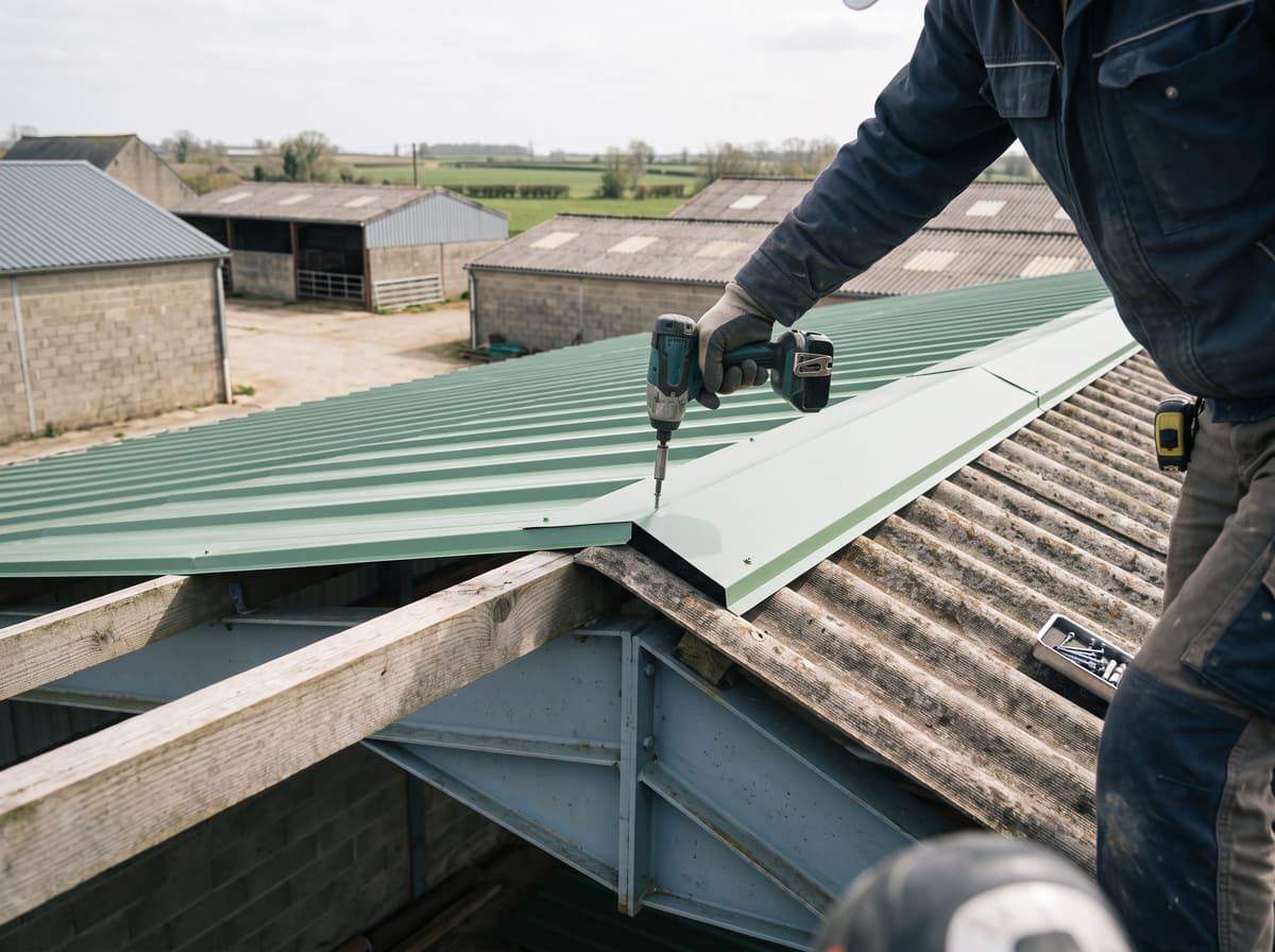 Chantier de surcouverture de toiture agricole en Deux-Sèvres